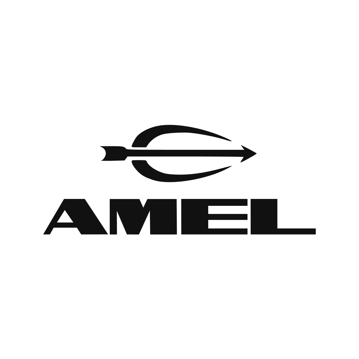 Logo AMEL noir avec lettrage géométrique et emblème traversé par une flèche