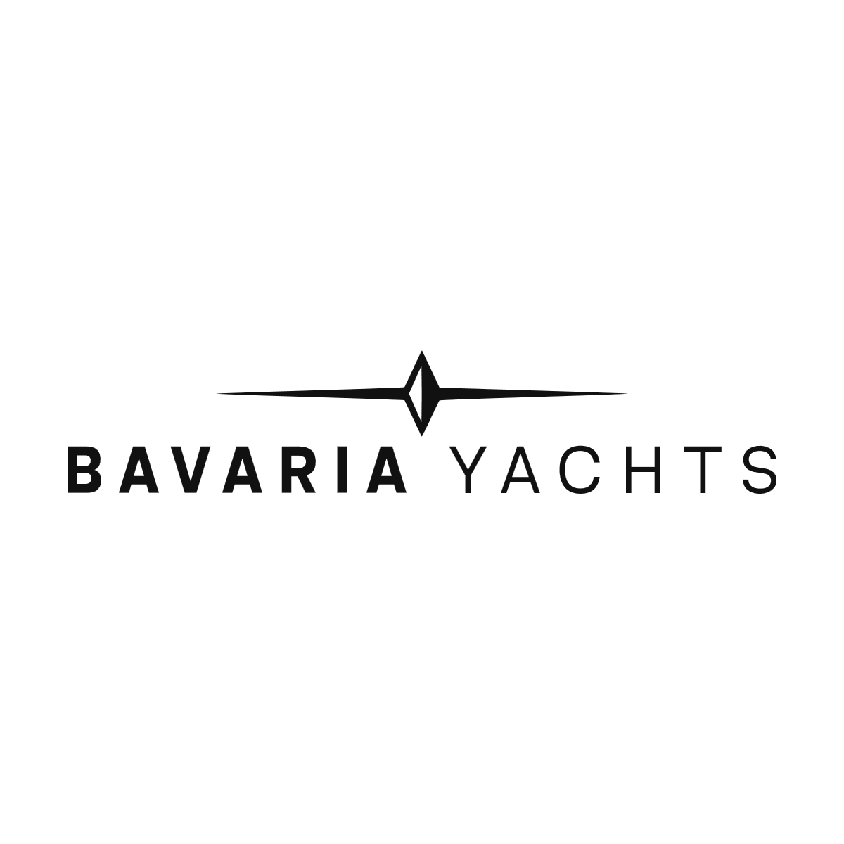 Logo Bavaria Yachts bleu avec lettrage en majuscules et emblème nautique géométrique