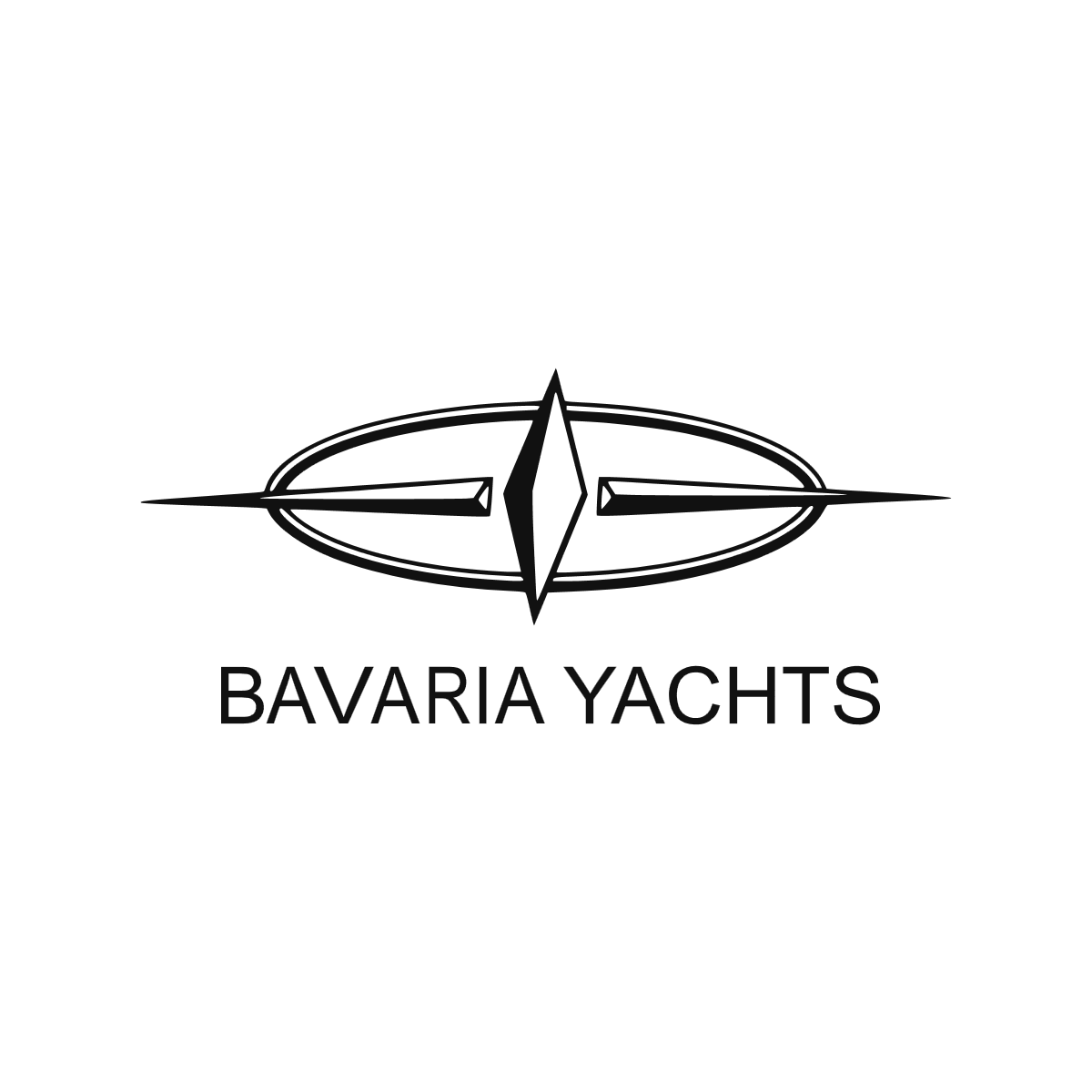 Logo Bavaria Yachts noir avec lettrage majuscule et emblème nautique géométrique