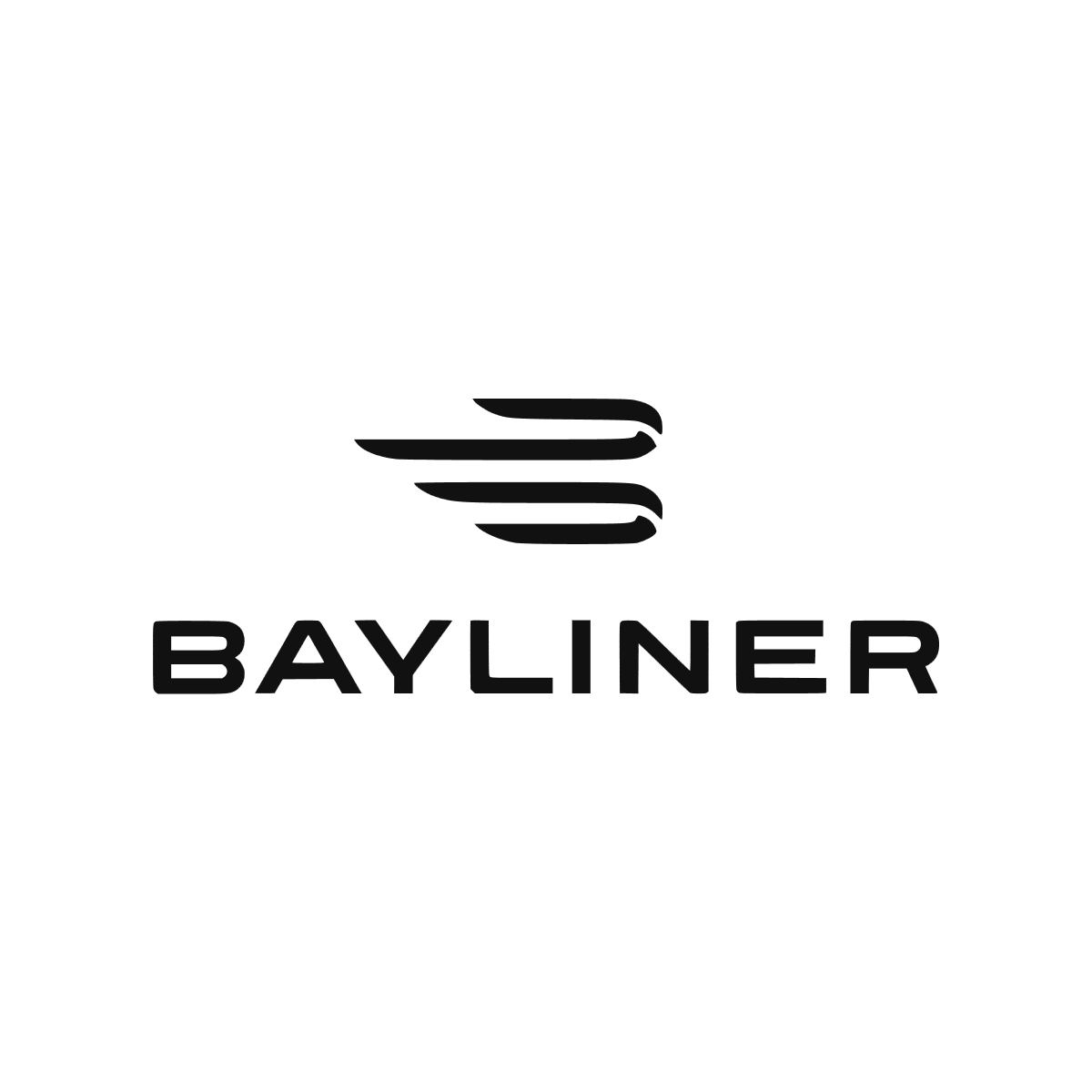 Logo Bayliner noir avec lettrage géométrique et emblème composé de lignes horizontales