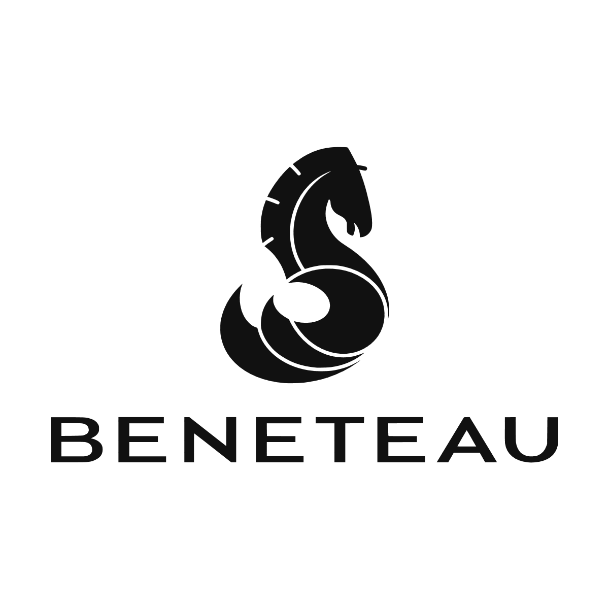 Logo Bénéteau noir avec lettrage majuscule et emblème historique en forme de cheval marin