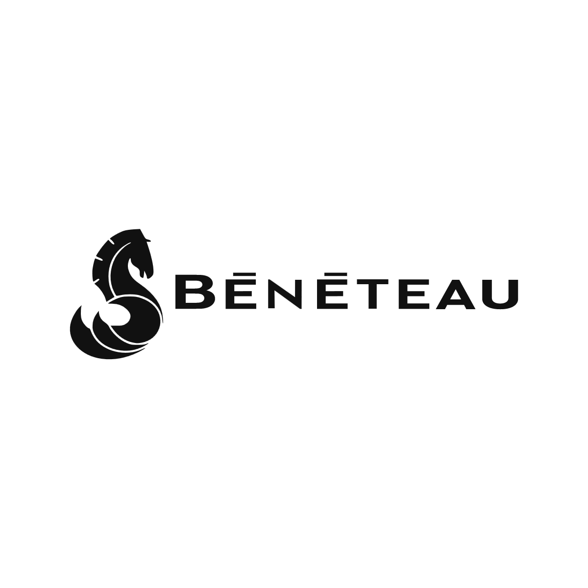 Logo Bénéteau noir avec lettrage majuscule et emblème historique en forme de cheval marin
