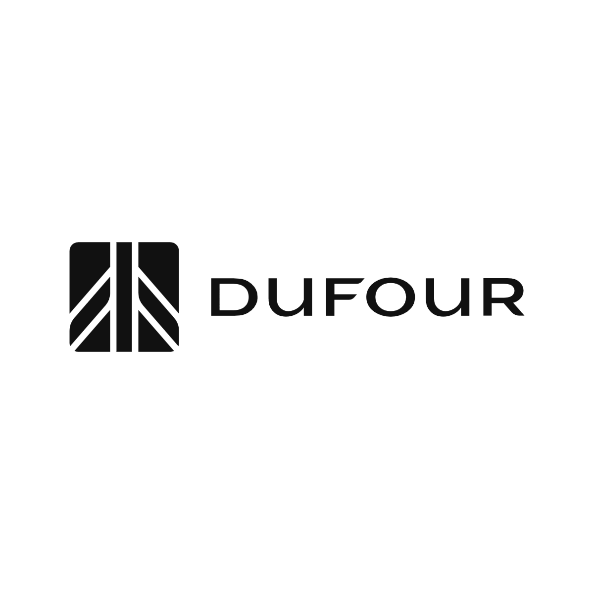Logo Dufour noir avec lettrage moderne et emblème géométrique inspiré d’une voile