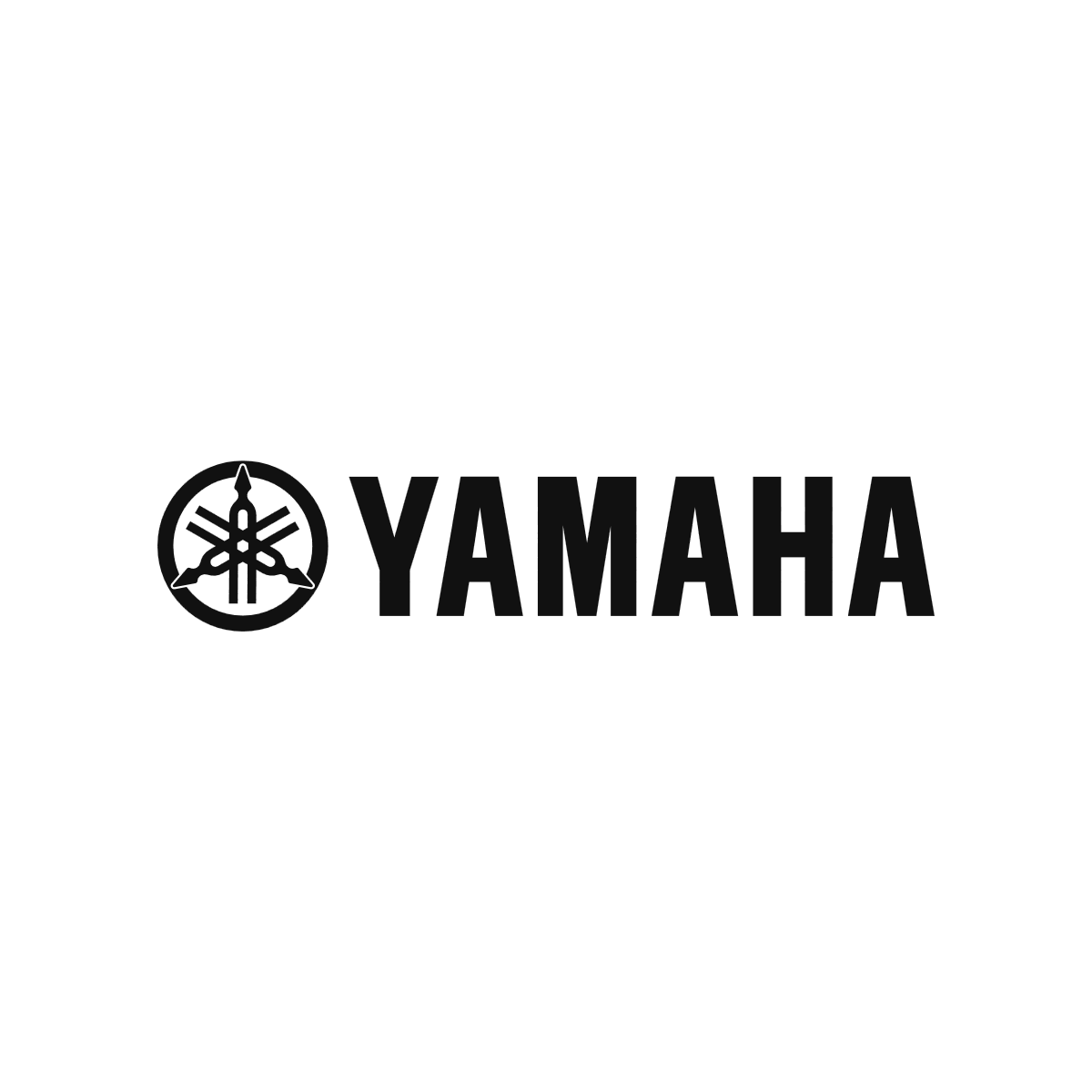 Logo Yamaha noir avec lettrage majuscule et emblème circulaire aux trois diapasons