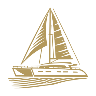 Sticker représentant un catamaran de croisière à voile naviguant sur l'eau, dans un design graphique noir. - Imitation Or