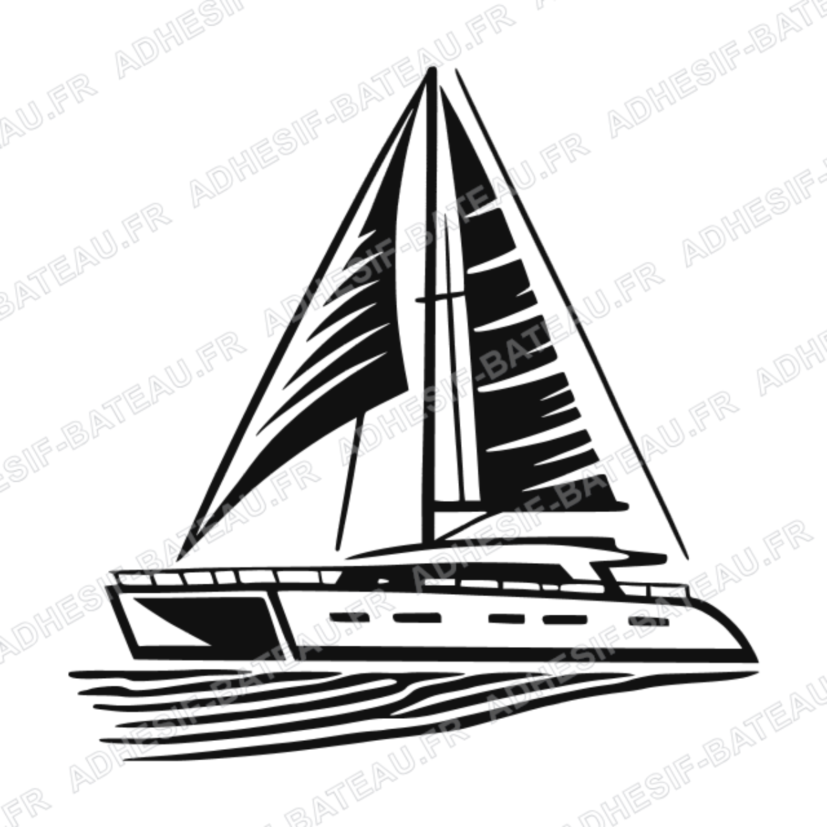 Sticker représentant un catamaran de croisière à voile naviguant sur l'eau, dans un design graphique noir.