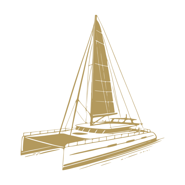 Sticker représentant un catamaran de luxe à voile vu en perspective, dans un design graphique noir. - Imitation Or