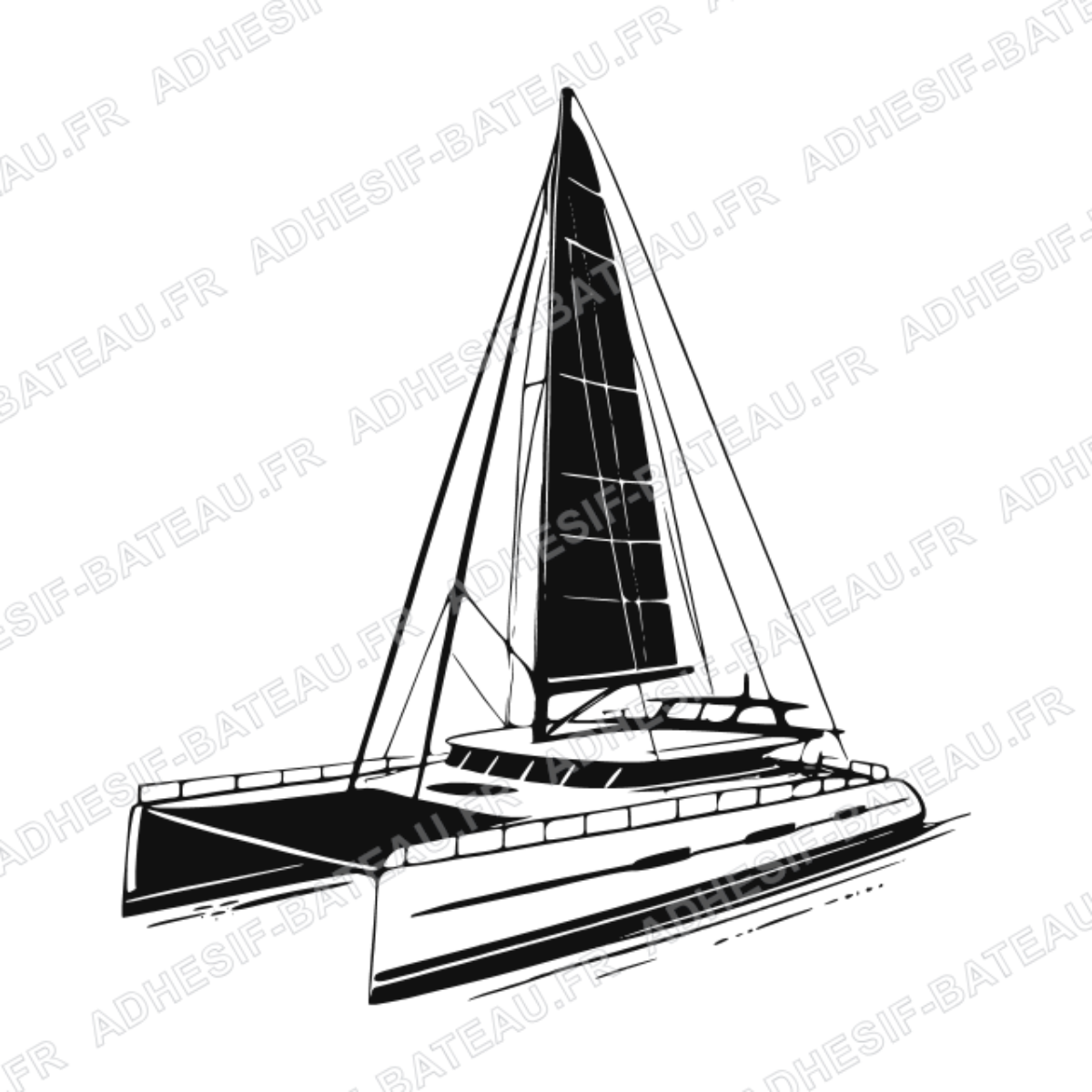 Sticker représentant un catamaran de luxe à voile vu en perspective, dans un design graphique noir.