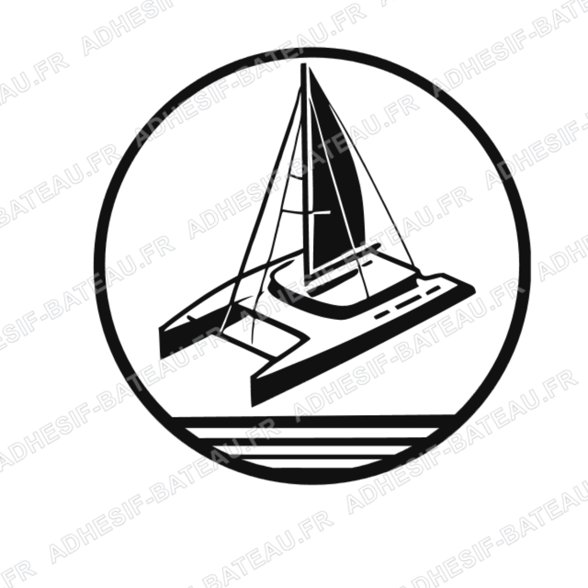Sticker représentant un catamaran à voile vu en perspective, encadré dans un médaillon circulaire, en design graphique noir.