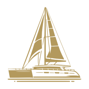 Sticker représentant un catamaran à voile vu de profil avec grand-voile et foc dans un design graphique noir. - Imitation Or