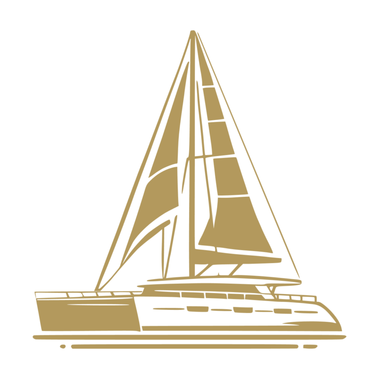 Sticker représentant un catamaran à voile vu de profil avec grand-voile et foc dans un design graphique noir. - Imitation Or
