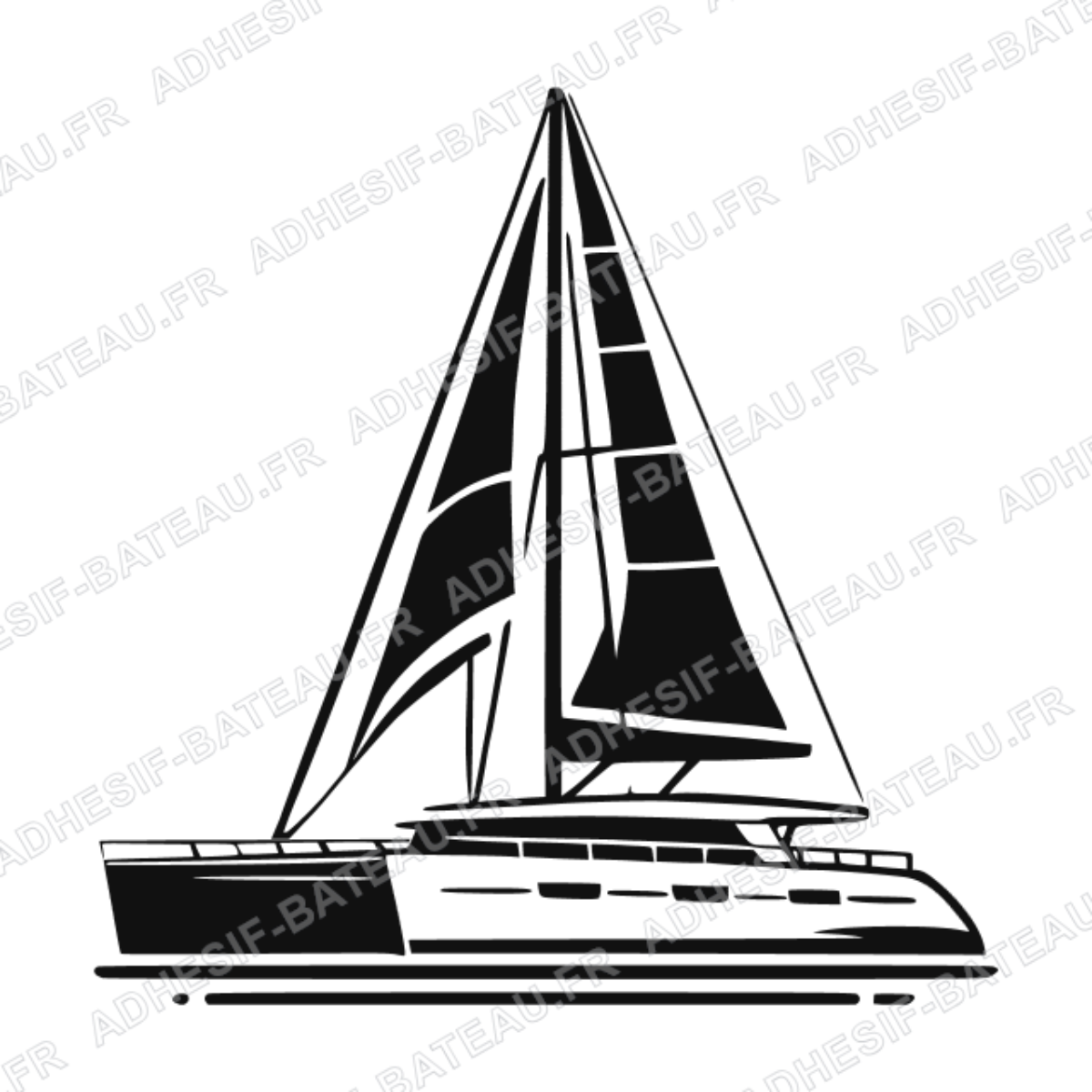 Sticker représentant un catamaran à voile vu de profil avec grand-voile et foc dans un design graphique noir.