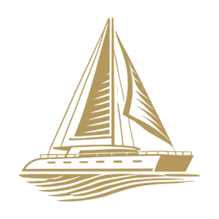 Sticker représentant un catamaran à voile moderne naviguant sur l'eau, dans un design graphique noir. - Imitation Or