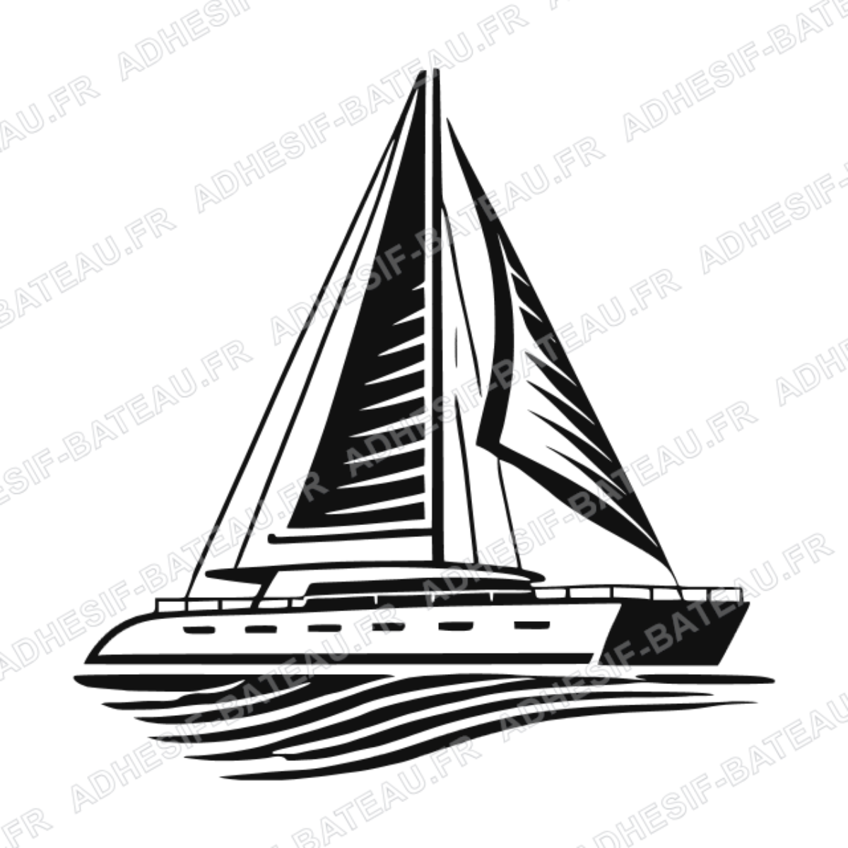 Sticker représentant un catamaran à voile moderne naviguant sur l'eau, dans un design graphique noir.
