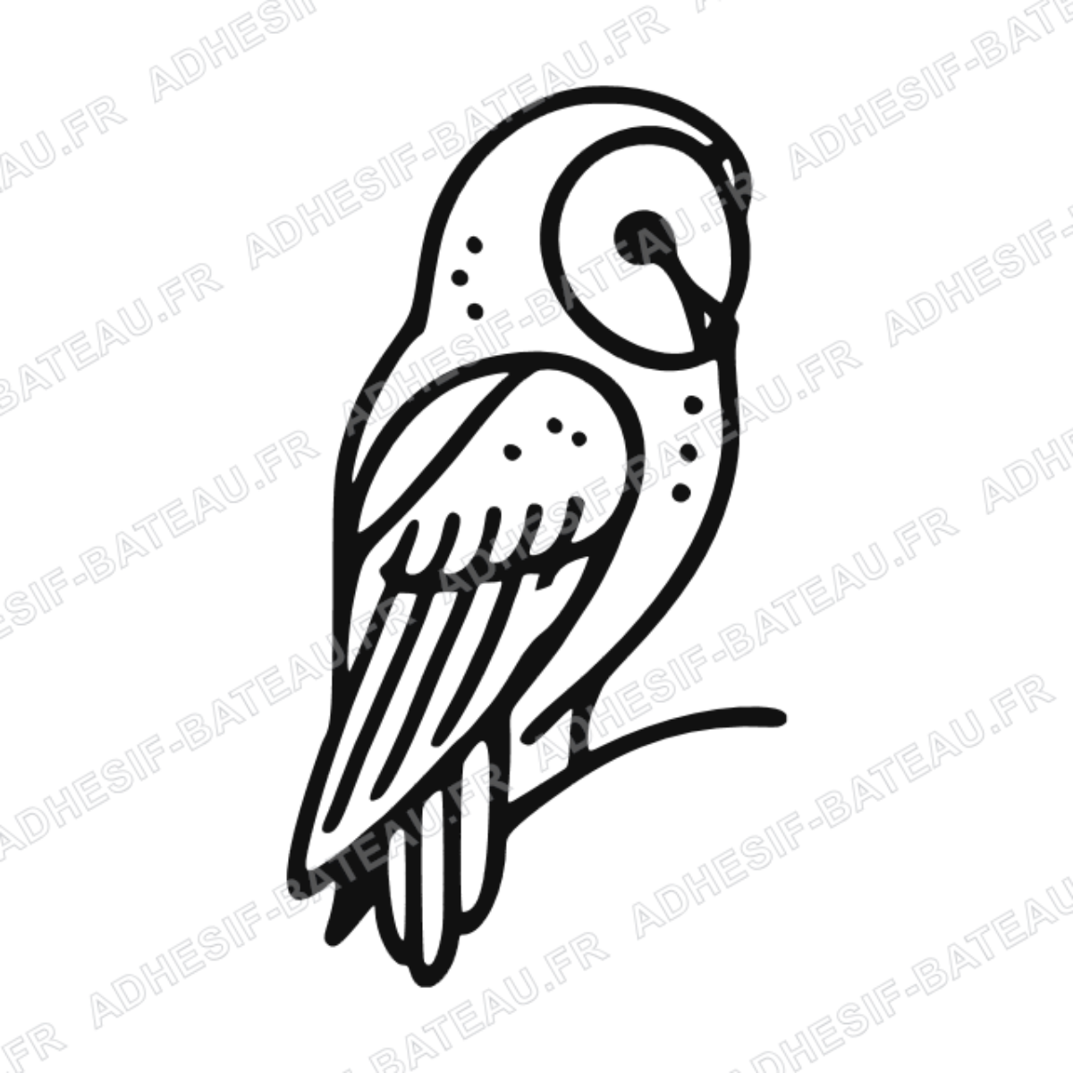 Sticker représentant une chouette stylisée perchée sur une branche, dans un design graphique noir.