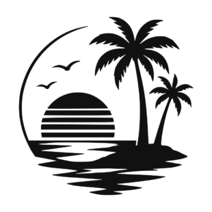 Illustration d'un coucher de soleil avec des palmiers au bord de la mer.
