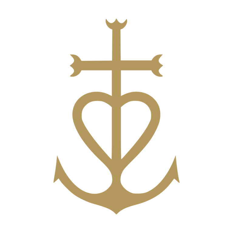 Sticker représentant la Croix de Camargue, symbole associant la croix, le cœur et l'ancre dans un design graphique noir. - Imitation Or