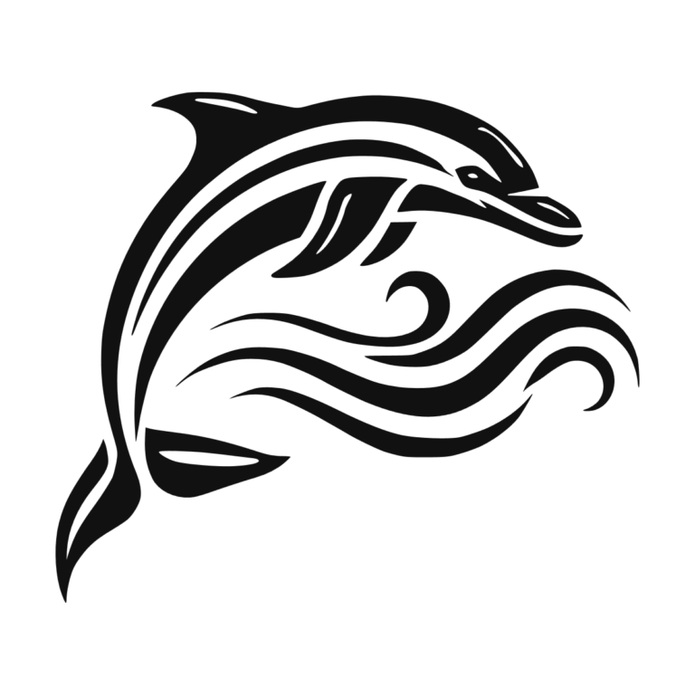 Sticker noir représentant un dauphin bondissant au-dessus de vagues stylisées
