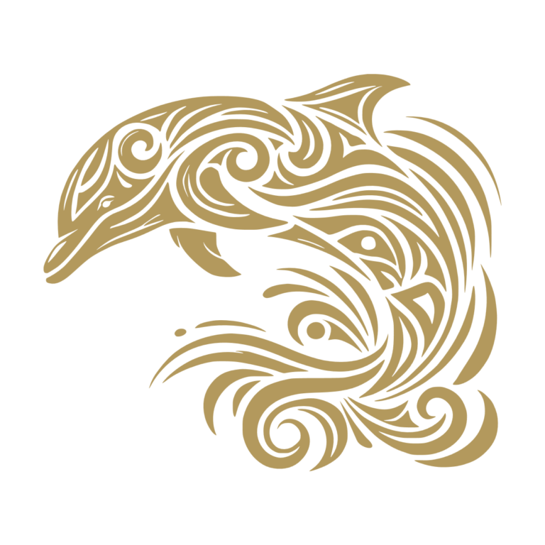 Sticker représentant un dauphin en style tribal avec des motifs fluides inspirés des vagues. - Imitation Or