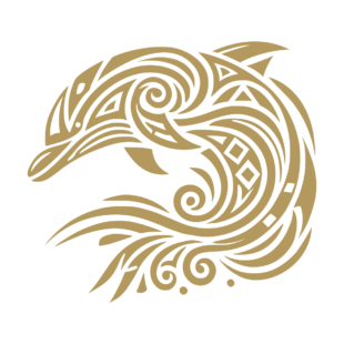 Sticker représentant un dauphin en style tribal avec des motifs géométriques et des courbes inspirées des vagues. - Imitation Or