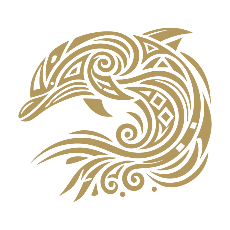 Sticker représentant un dauphin en style tribal avec des motifs géométriques et des courbes inspirées des vagues. - Imitation Or