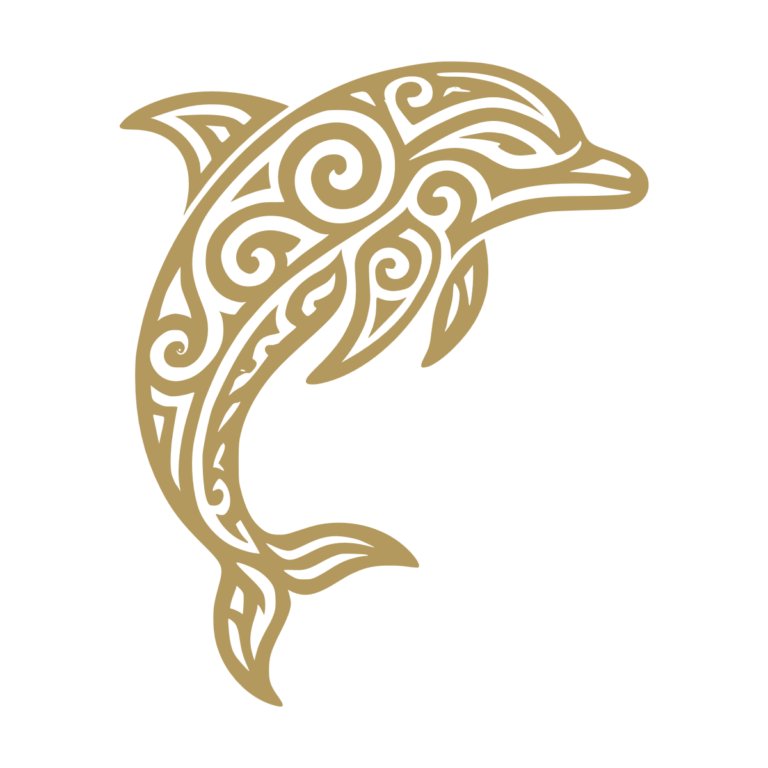 Sticker représentant un dauphin stylisé en style tribal avec des motifs courbes inspirés des vagues. - Imitation Or