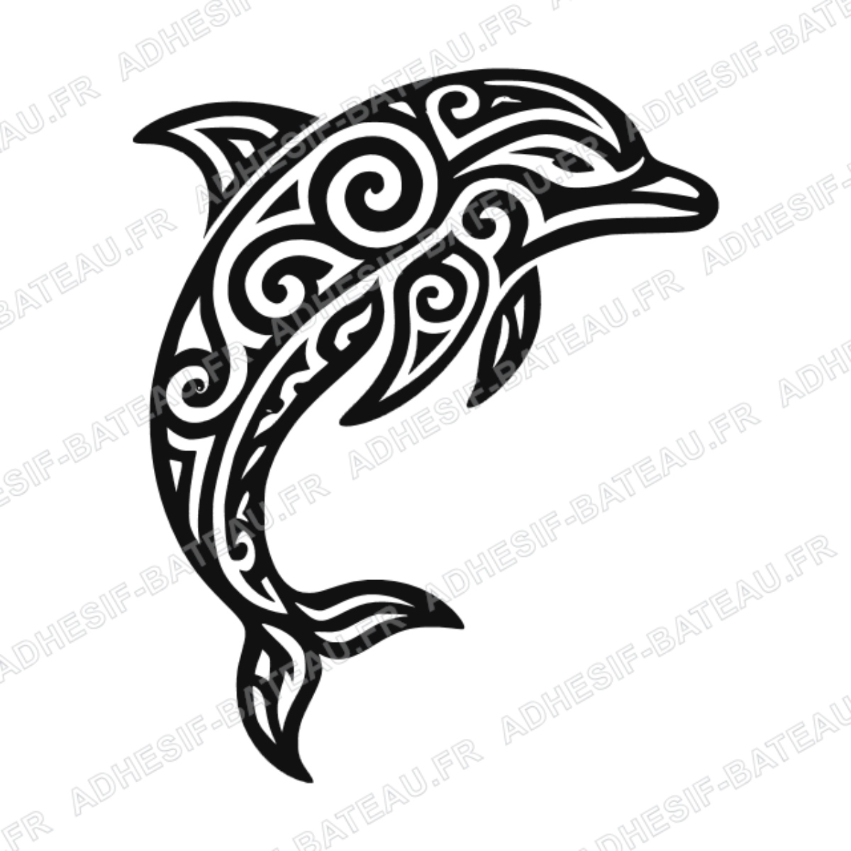 Sticker représentant un dauphin stylisé en style tribal avec des motifs courbes inspirés des vagues.