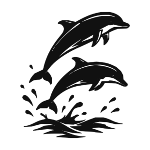Sticker noir représentant deux dauphins bondissant ensemble au-dessus des vagues