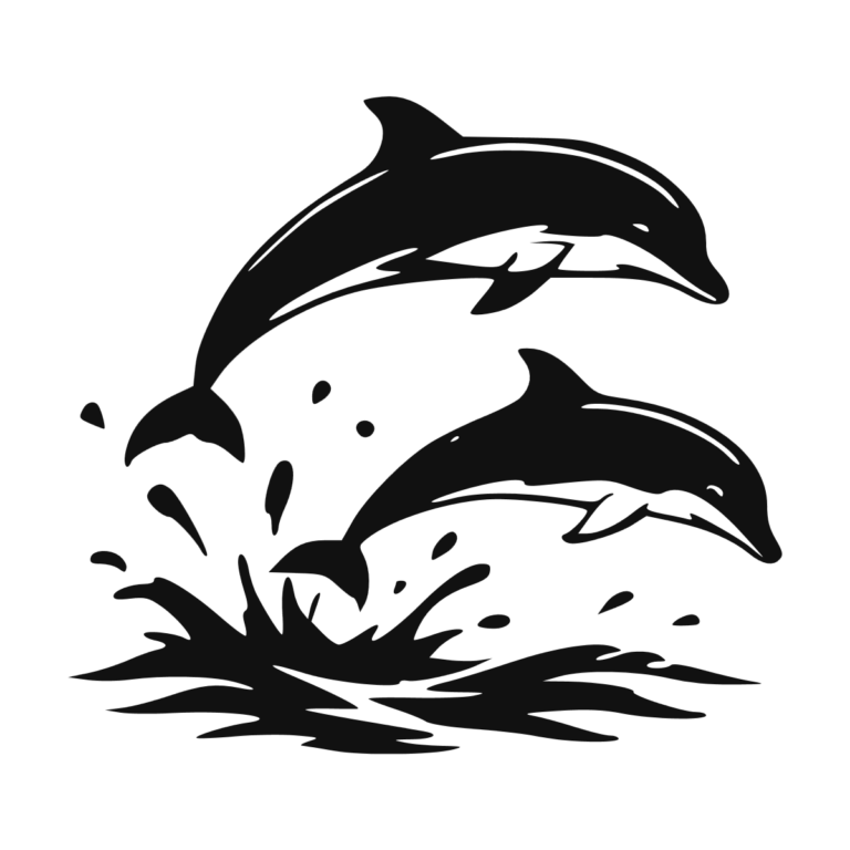 Sticker noir représentant deux dauphins bondissant ensemble au-dessus des vagues