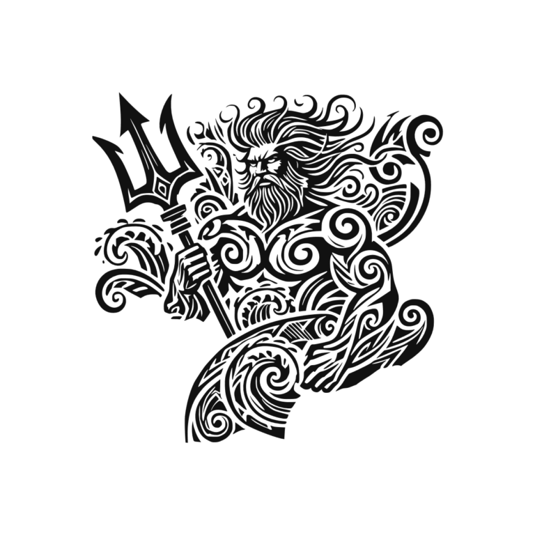 Sticker noir représentant un dieu marin barbu tenant un trident, entouré de vagues et de motifs tribaux