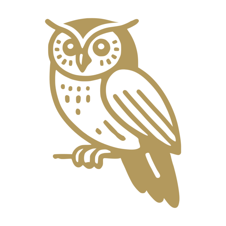 Sticker représentant un hibou stylisé perché sur une branche avec un design graphique noir. - Imitation Or