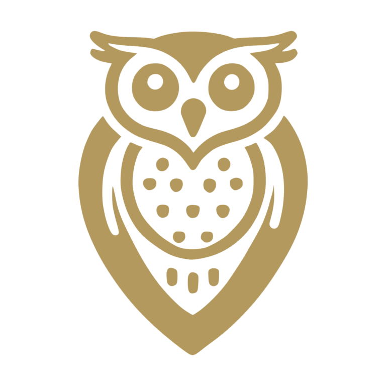 Sticker représentant un hibou stylisé de face avec un design graphique noir aux formes épurées. - Imitation Or