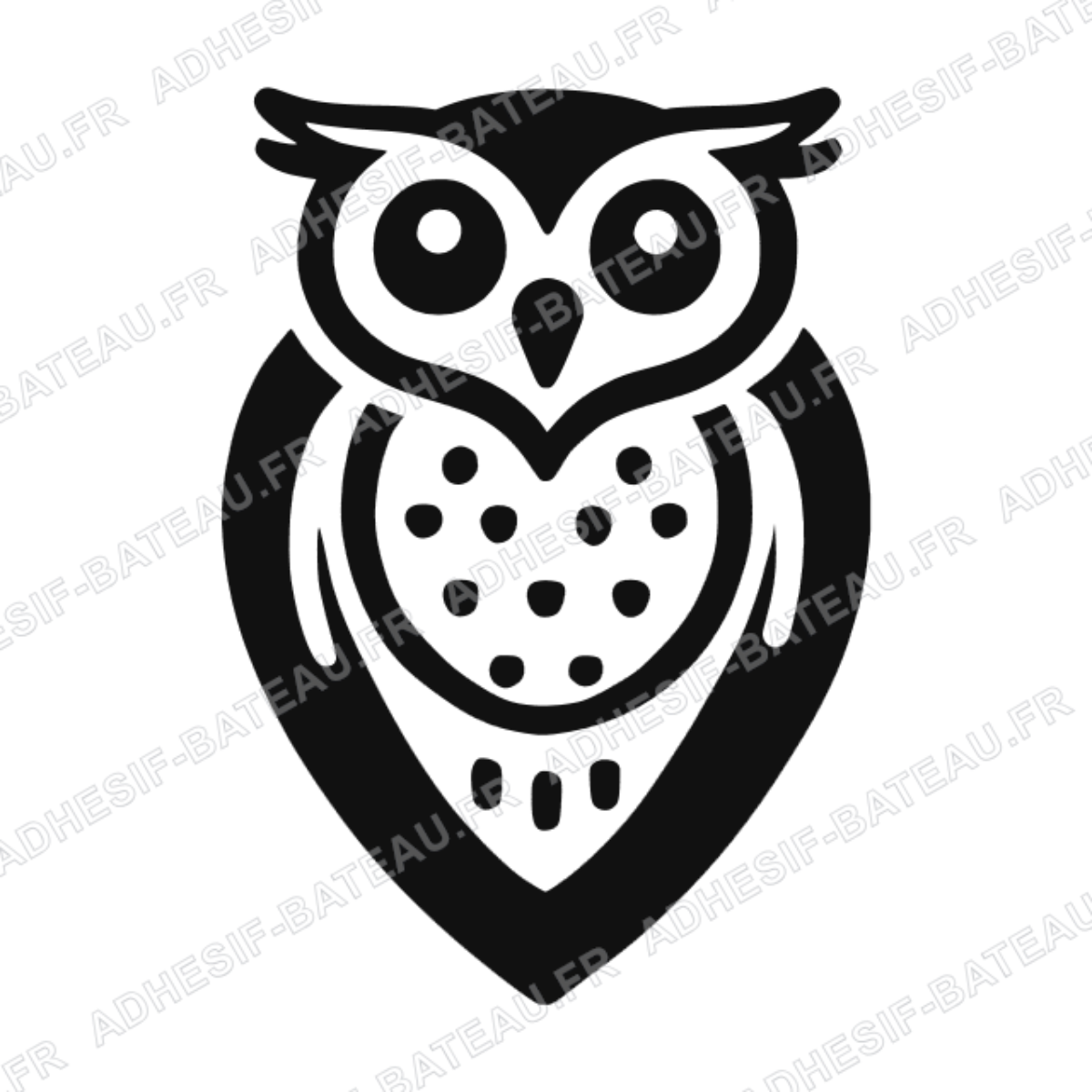 Sticker représentant un hibou stylisé de face avec un design graphique noir aux formes épurées.