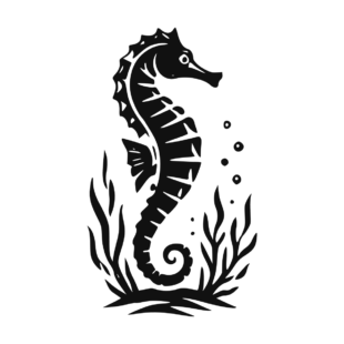 Illustration d'un hippocampe parmi les algues.