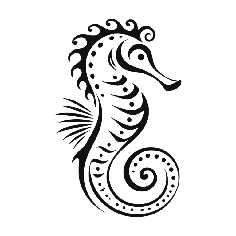 Sticker noir représentant un hippocampe ornemental décoré de spirales, de courbes et de motifs ponctués