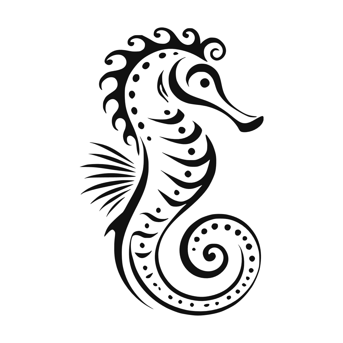 Sticker noir représentant un hippocampe ornemental décoré de spirales, de courbes et de motifs ponctués