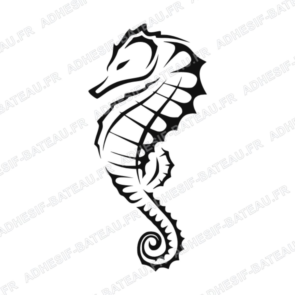 Sticker représentant un hippocampe stylisé en noir avec des lignes graphiques et des détails inspirés du monde marin.