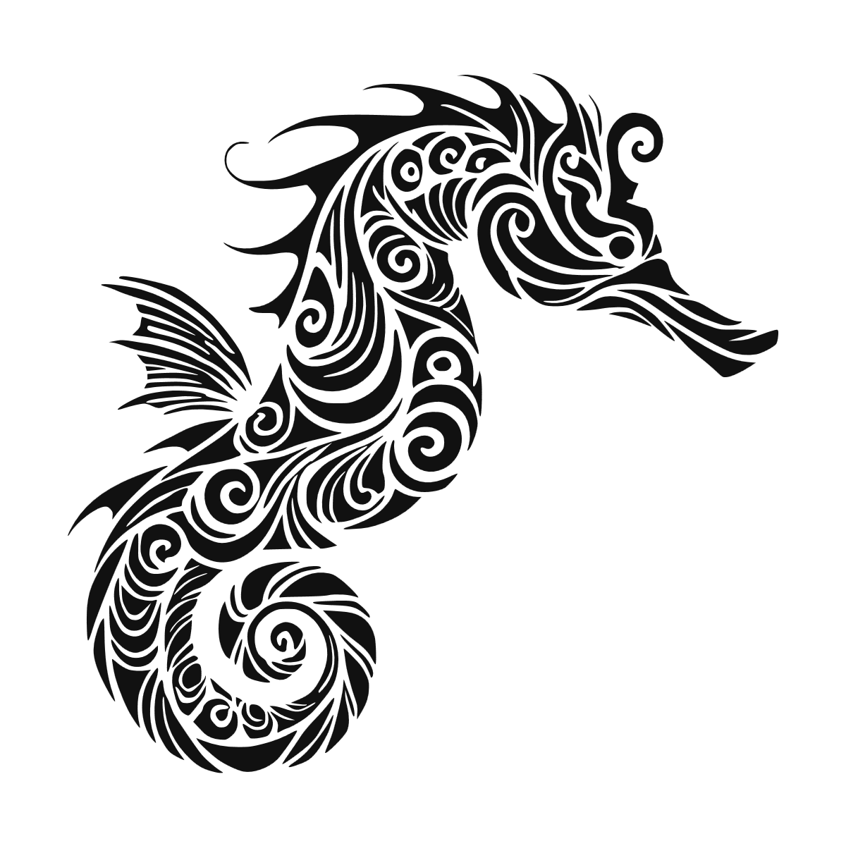 Sticker noir représentant un hippocampe stylisé orné de motifs tribaux détaillés