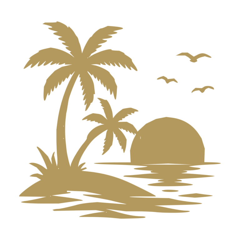 Sticker noir représentant une île tropicale avec palmiers, oiseaux et soleil couchant - Imitation Or