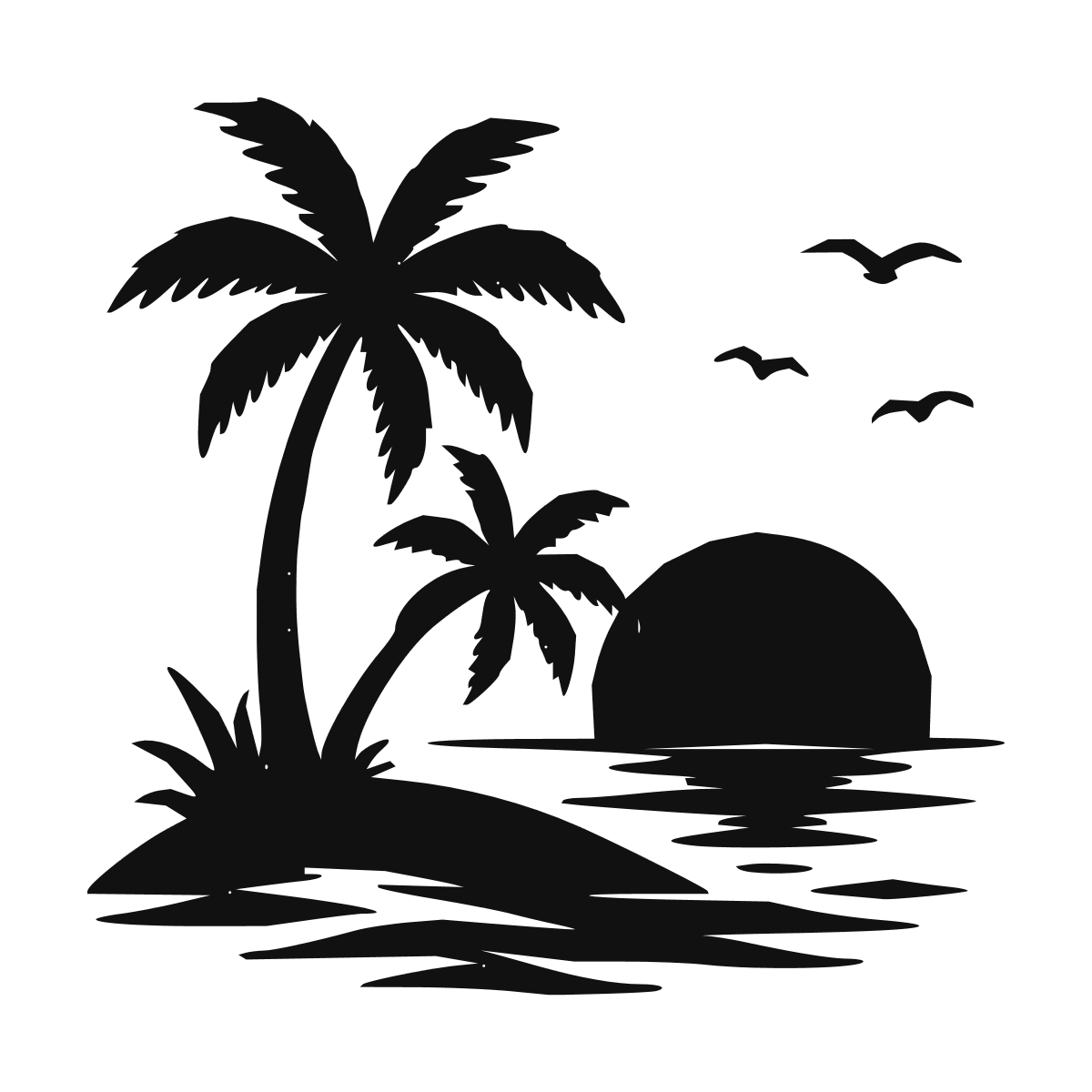 Sticker noir représentant une île tropicale avec palmiers, oiseaux et soleil couchant