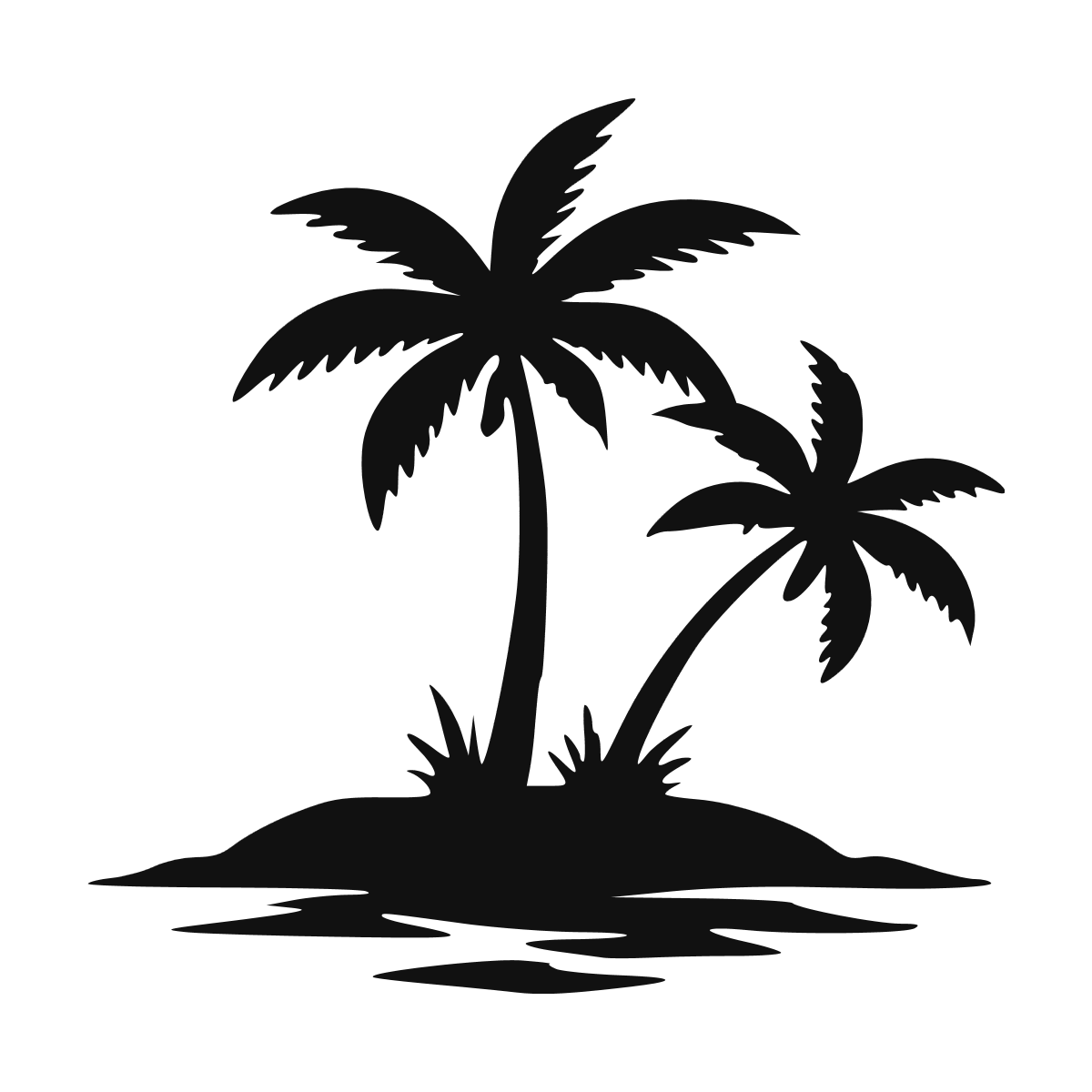 Sticker noir représentant une petite île tropicale avec deux palmiers et un soleil