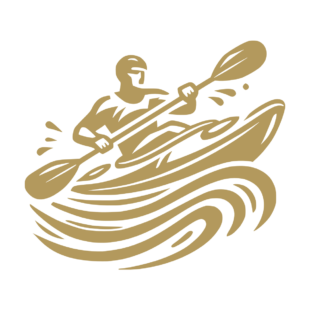 Sticker représentant un kayakiste pagayant en eaux vives avec des vagues stylisées, dans un design graphique noir. - Imitation Or