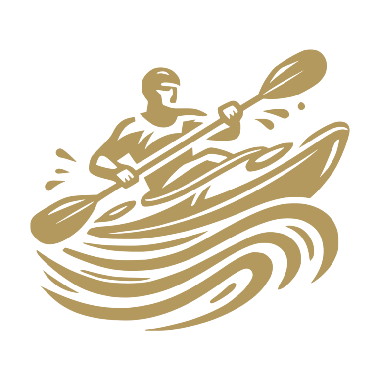Sticker représentant un kayakiste pagayant en eaux vives avec des vagues stylisées, dans un design graphique noir. - Imitation Or