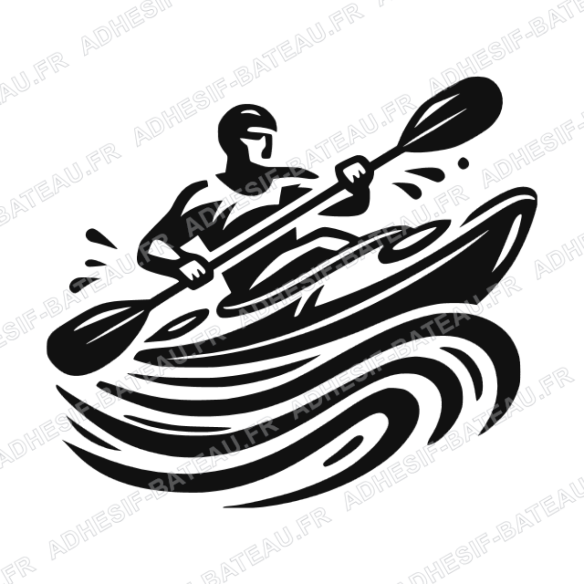 Sticker représentant un kayakiste pagayant en eaux vives avec des vagues stylisées, dans un design graphique noir.