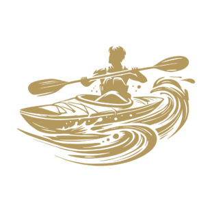 Sticker représentant un kayakiste pagayant dans un kayak sur des vagues, en style graphique noir. - Imitation Or