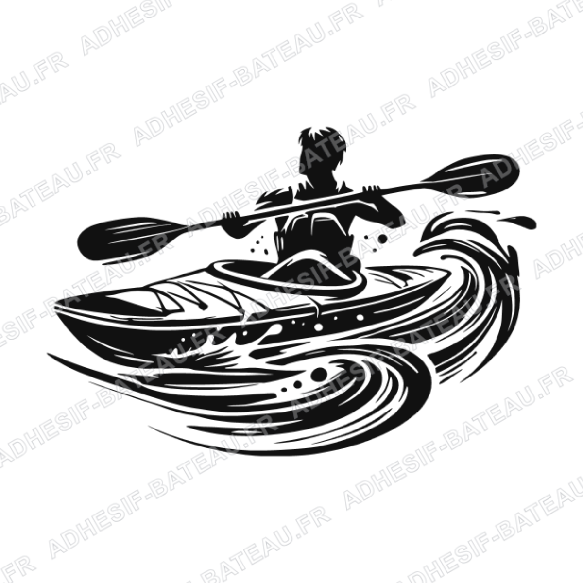Sticker représentant un kayakiste pagayant dans un kayak sur des vagues, en style graphique noir.