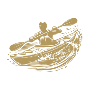 Sticker représentant un kayakiste pagayant avec puissance dans un kayak au milieu de vagues, en style graphique noir. - Imitation Or