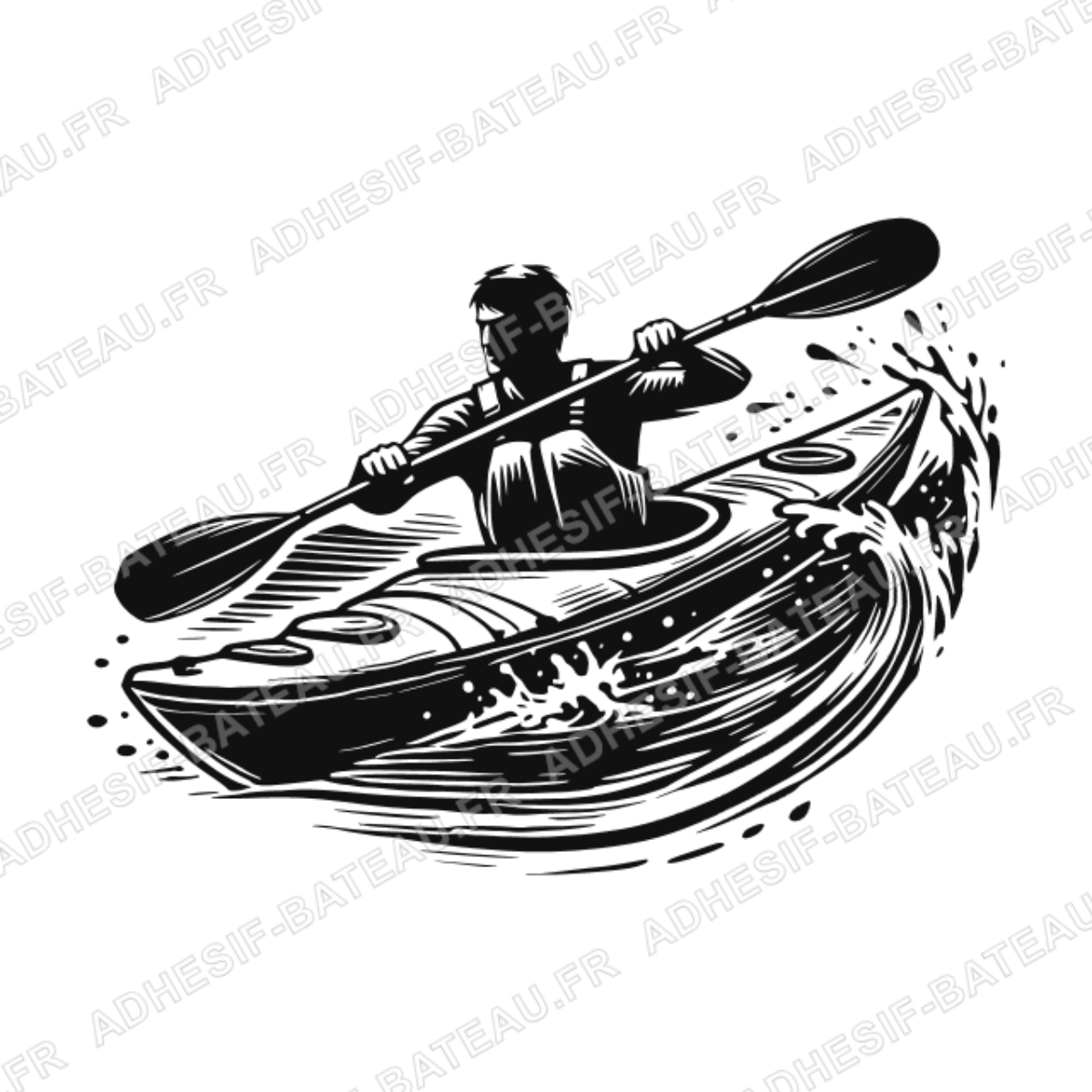 Sticker représentant un kayakiste pagayant avec puissance dans un kayak au milieu de vagues, en style graphique noir.