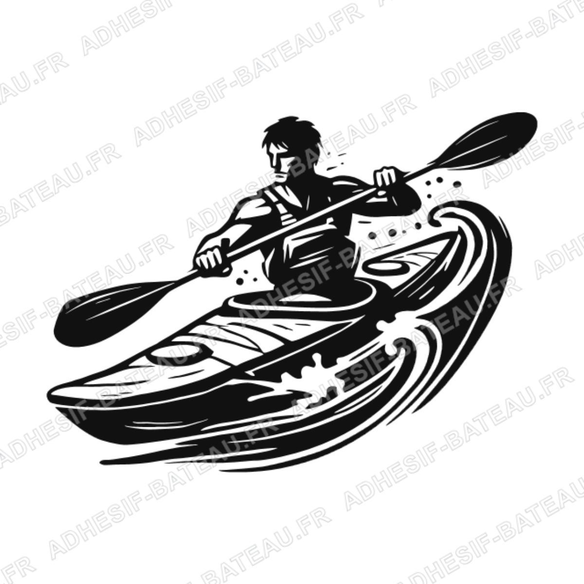 Sticker représentant un kayakiste pagayant avec énergie dans les vagues, en style graphique noir.
