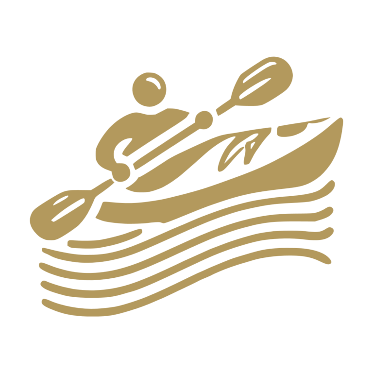 Sticker représentant un kayakiste pagayant dans un kayak au milieu de vagues stylisées, en design graphique noir. - Imitation Or